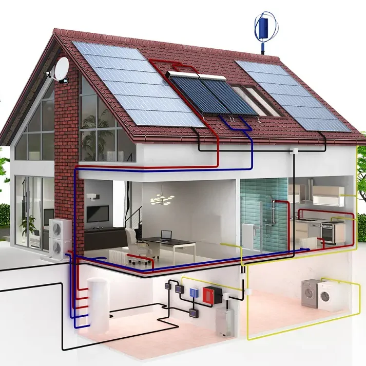 Modèle de maison écologique avec panneaux solaires et systèmes de chauffage.